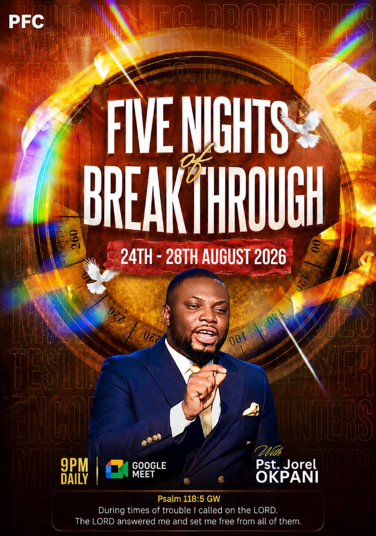 Five Nights of Breakthrough event flyer – 24th to 28th August 2026 with Pastor Jorel Okpani